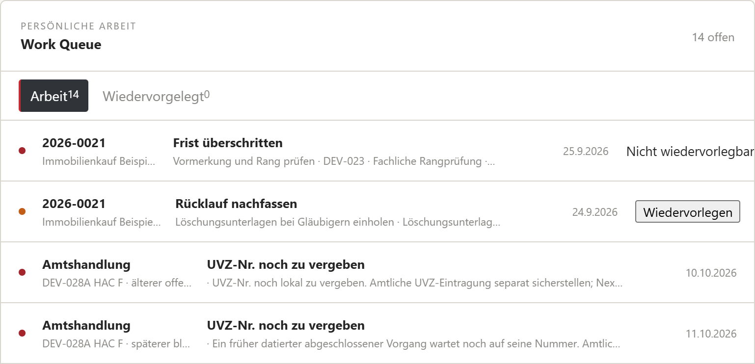 Persönliche Work Queue aus der Nexus-Entwicklungsumgebung mit Frist und offenem Rücklauf
